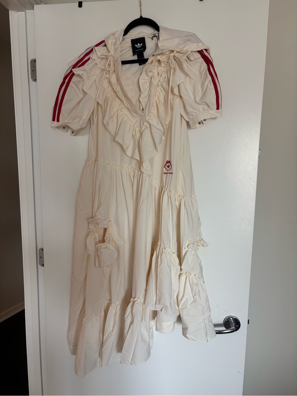 NWT Simone Rocha adidas Cream Tiered Midi Dress with Burgundy Sleeves